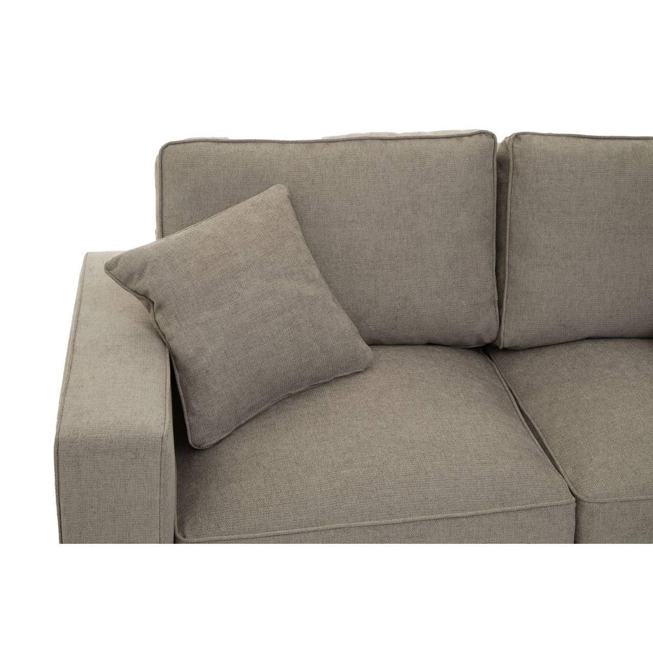 A modern two-seat sofa in a soft grey fabric, featuring clean lines and a minimalist design. One decorative cushion is placed on the armrest, enhancing the cozy appearance of the sofa. The upholstery has a textured finish, adding depth to the overall look