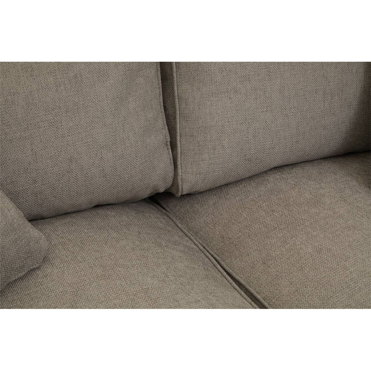 Close-up view of the Valensole 2 Seat Grey Sofa, highlighting the soft, textured fabric and the plush cushions that provide comfort. The neutral grey color complements various interior styles, and the seams are neatly finished, showcasing quality craftsmanship