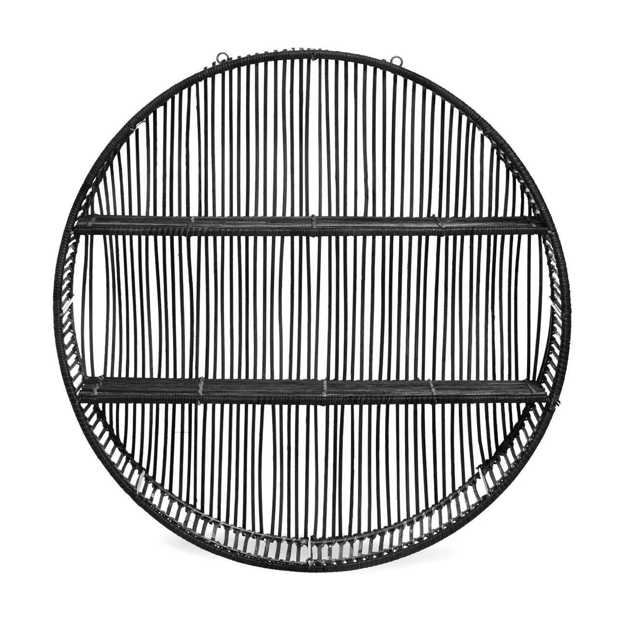 Round black rattan wall shelf with open slats and two horizontal shelves