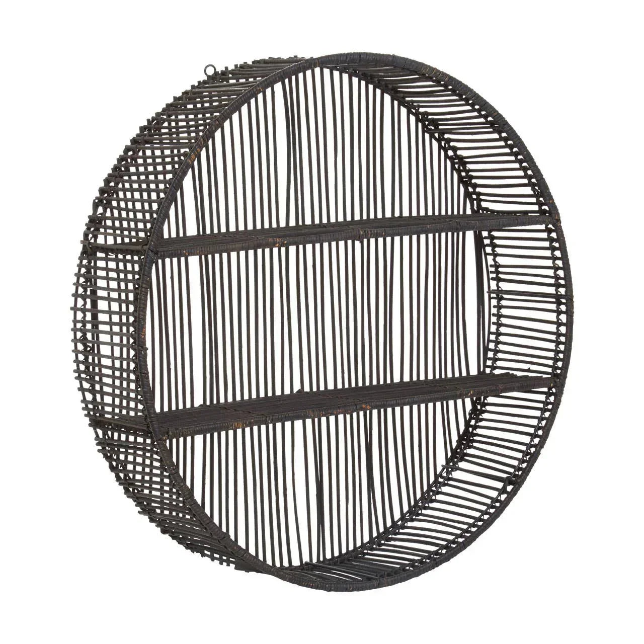 Round rattan wall shelf with two tiers in dark brown finish