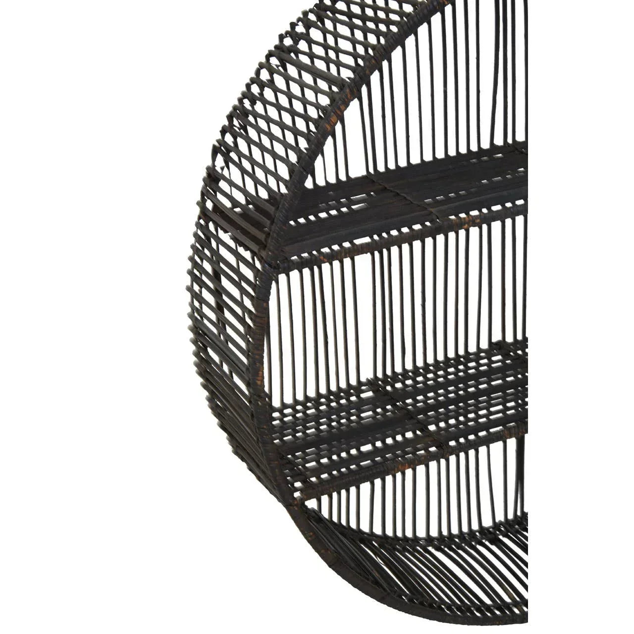 Black round wire wall shelf with three tiers, close-up of rattan-style metal frame