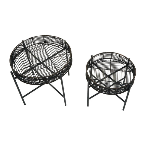 Black Rattan Side Tables Set