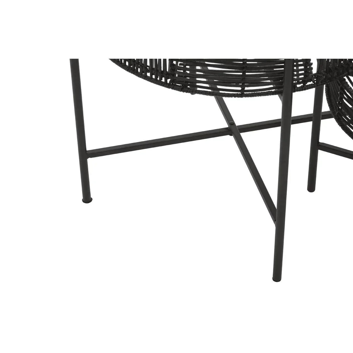 Black metal chair legs with woven rattan seat detail and crossbar support
