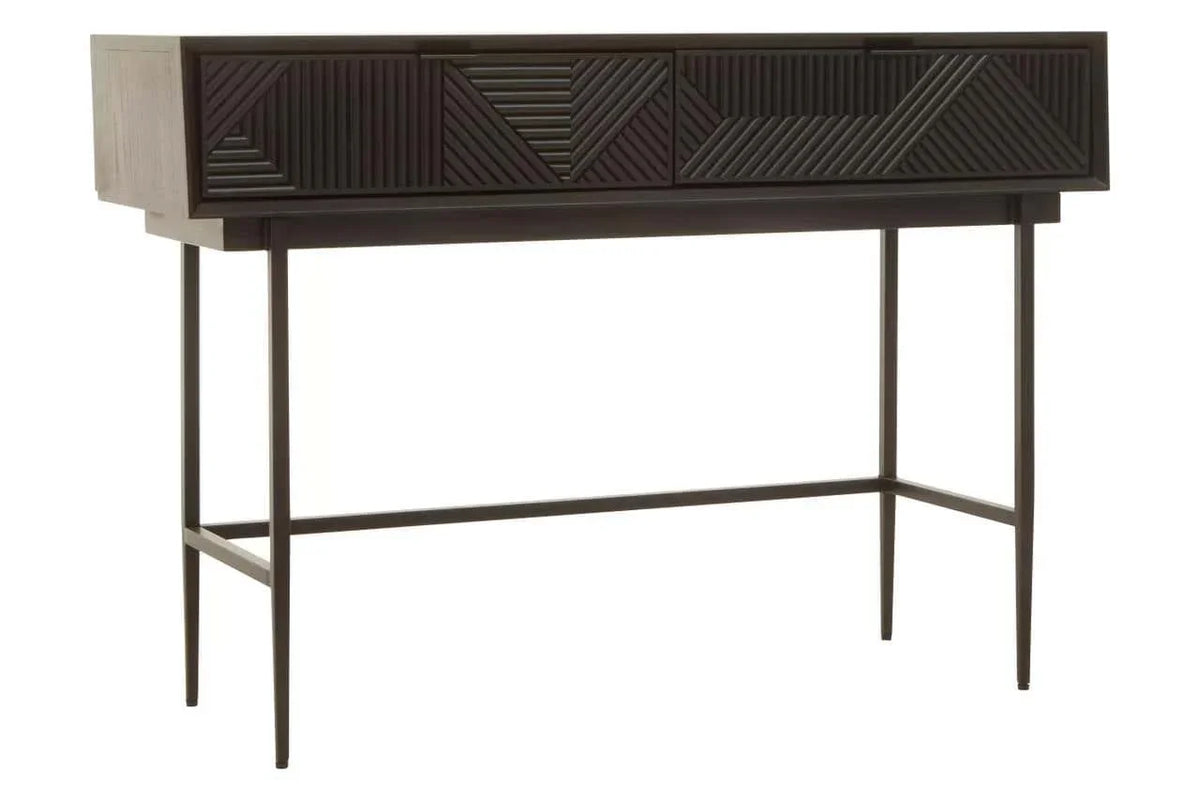 Dark wood console table with geometric carved drawer fronts and slim metal legs