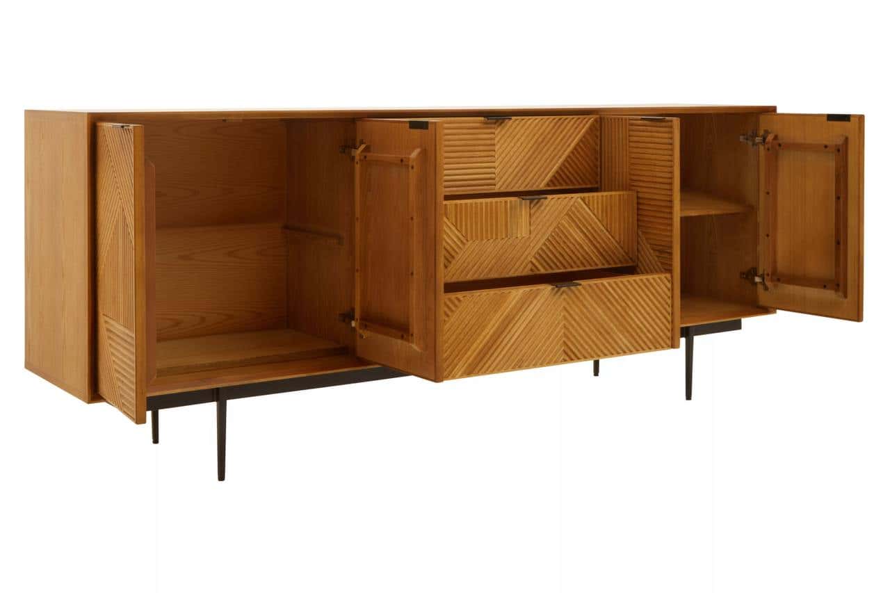 Rustic Wood Carved Sideboard with Metal Legs