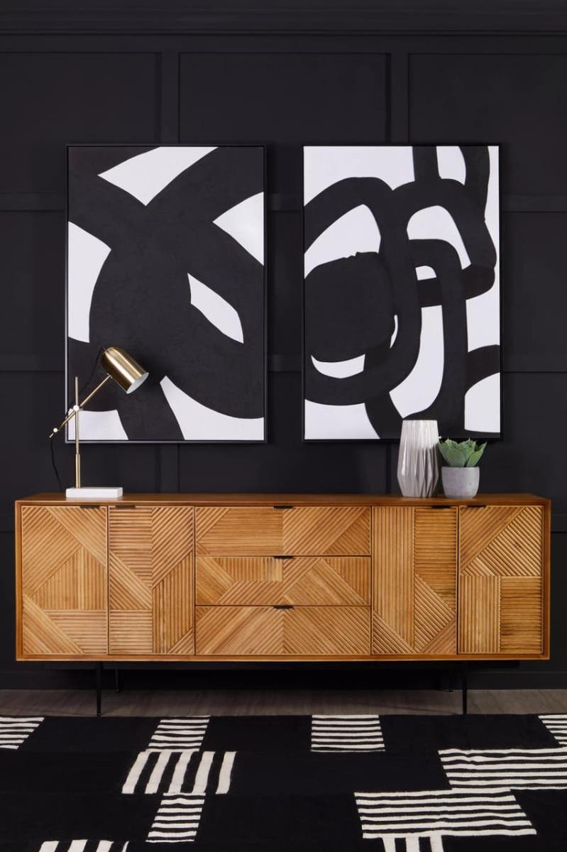 Rustic Wood Carved Sideboard with Metal Legs