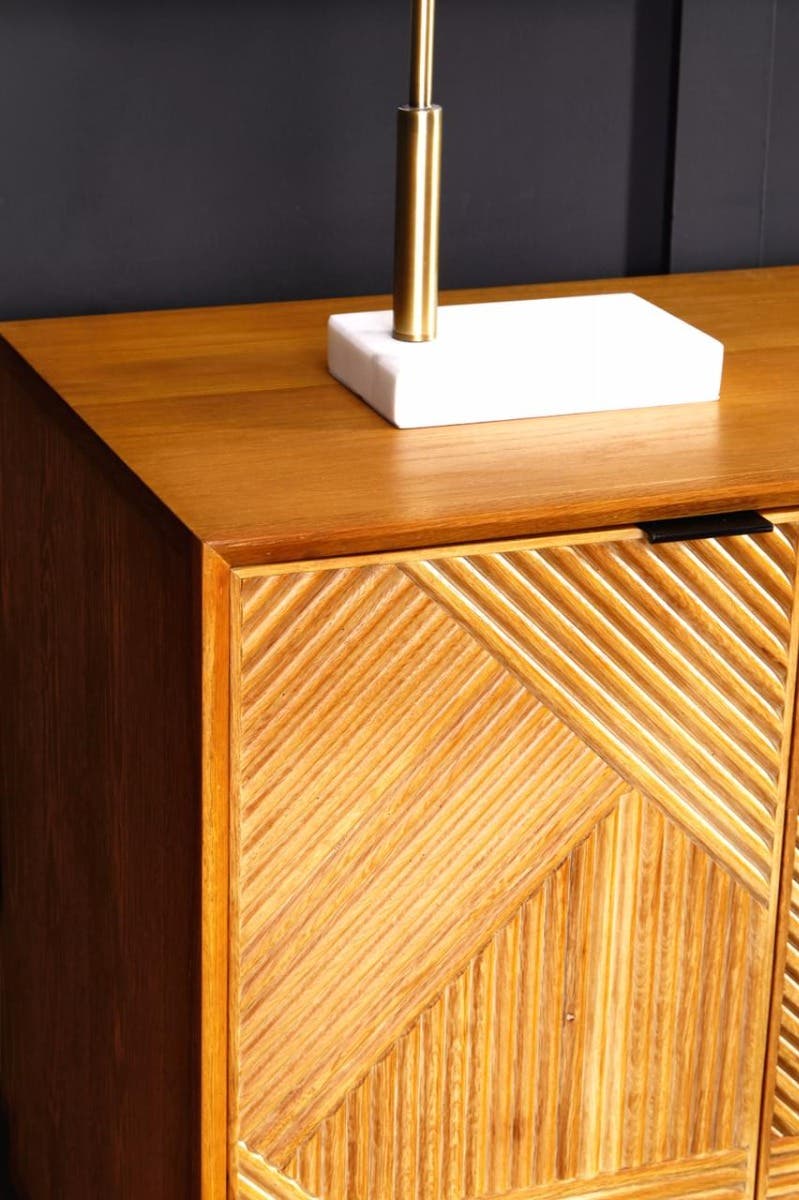 Rustic Wood Carved Sideboard with Metal Legs