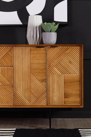 Rustic Wood Carved Sideboard with Metal Legs
