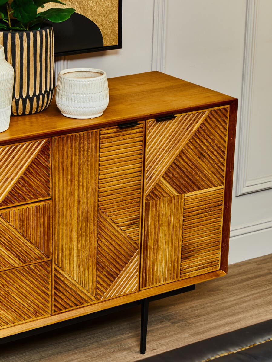 Rustic Wood Carved Sideboard with Metal Legs