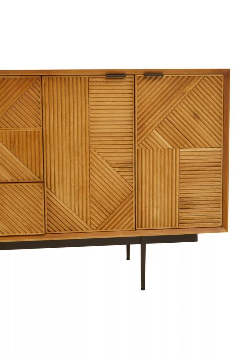 Rustic Wood Carved Sideboard with Metal Legs