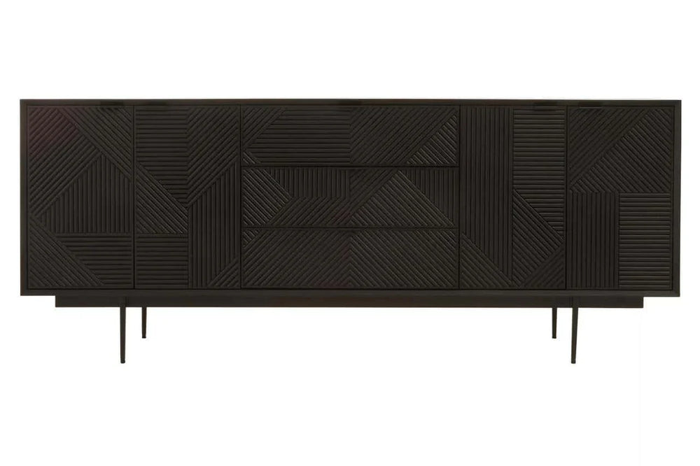 Rustic Black Wood Sideboard with Abstract Carved Design