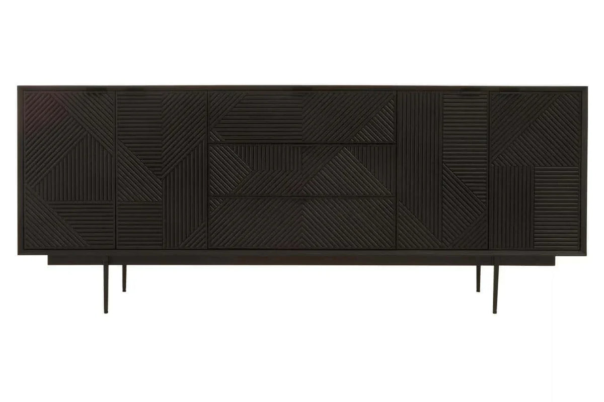 Black sideboard with geometric carved wood pattern and slim metal legs