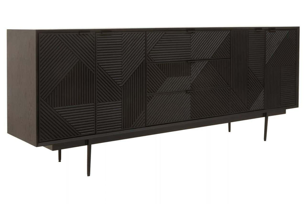 Rustic Black Wood Sideboard with Abstract Carved Design