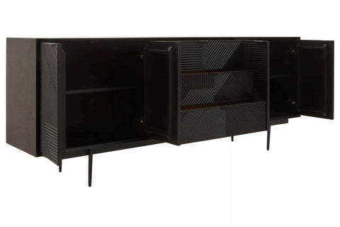 Rustic Black Wood Sideboard with Abstract Carved Design
