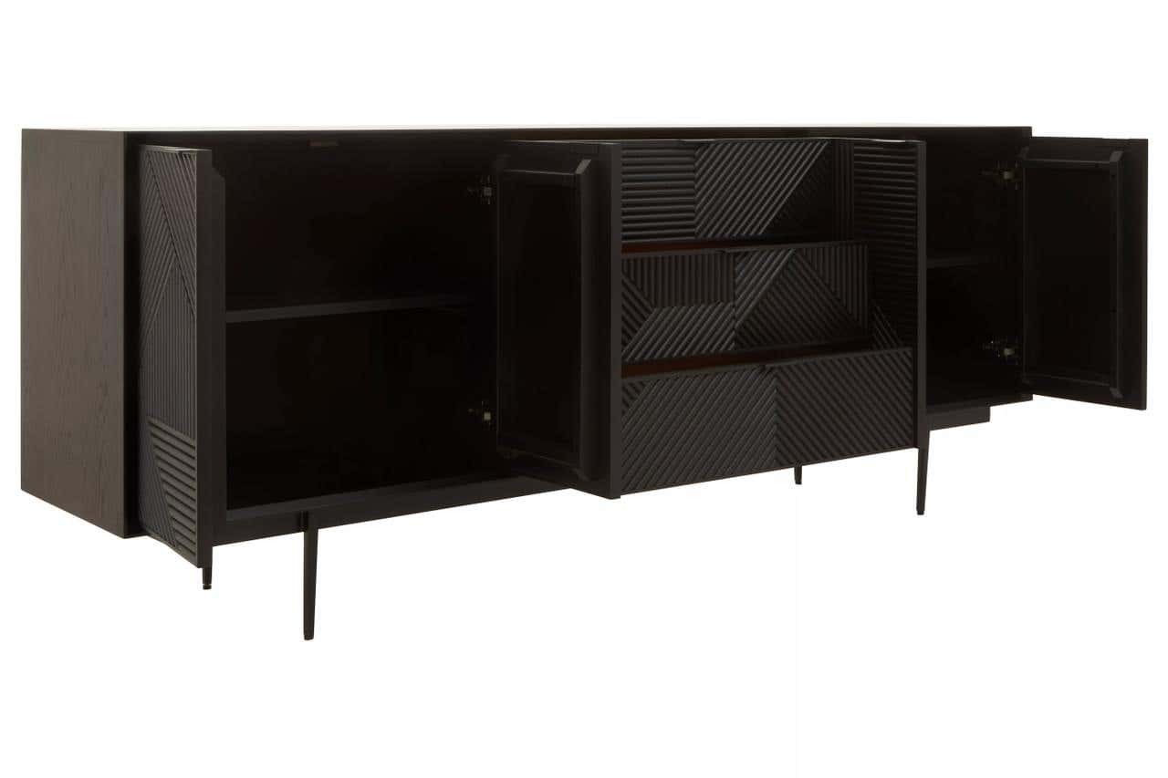 Rustic Black Wood Sideboard with Abstract Carved Design