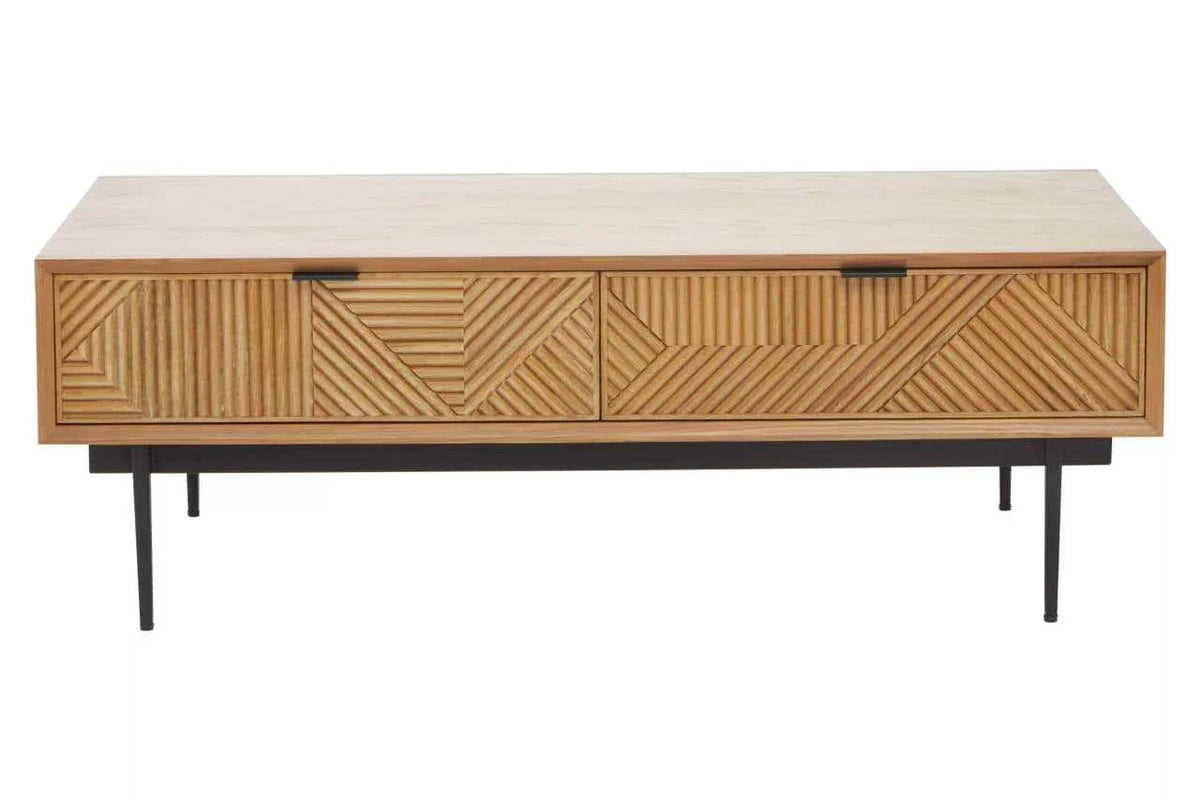 Wood coffee table with geometric carved drawers and black metal legs, front angle view