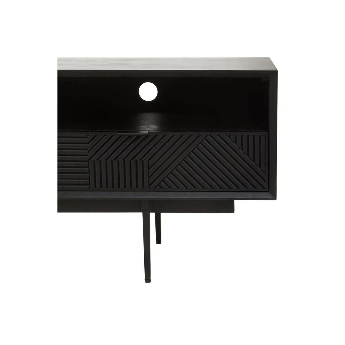 Black wooden TV unit with geometric textured drawer and open shelf, partial side view