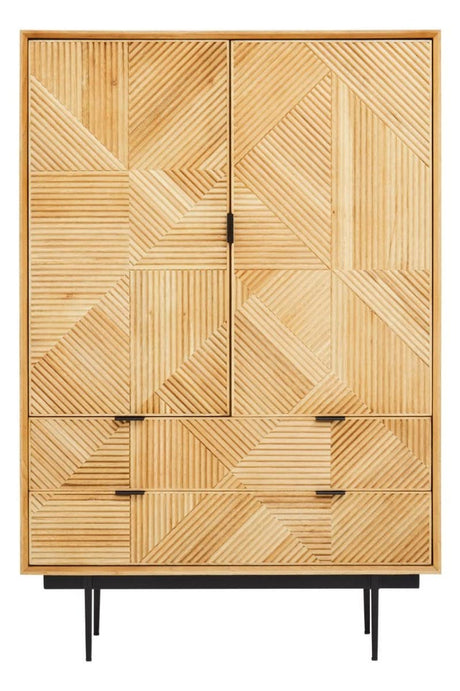Natural wood cabinet featuring a geometric pattern on the front, two doors with a central handle, and two drawers at the bottom. The cabinet stands on four slender black legs, showcasing a modern design