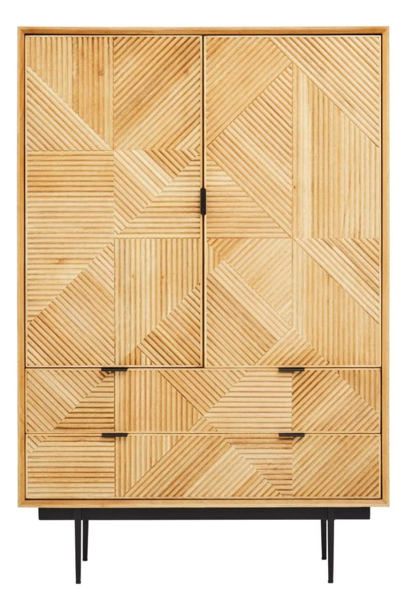 Natural wood cabinet featuring a geometric pattern on the front, two doors with a central handle, and two drawers at the bottom. The cabinet stands on four slender black legs, showcasing a modern design