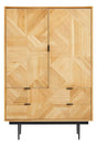 Natural wood cabinet featuring a geometric pattern on the front, two doors with a central handle, and two drawers at the bottom. The cabinet stands on four slender black legs, showcasing a modern design