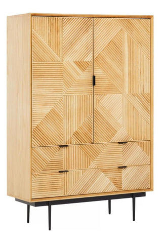 Natural finish cabinet featuring a geometric pattern on the front, two doors with a central handle, and two drawers at the bottom. The cabinet stands on slender black metal legs, providing a modern touch to the design