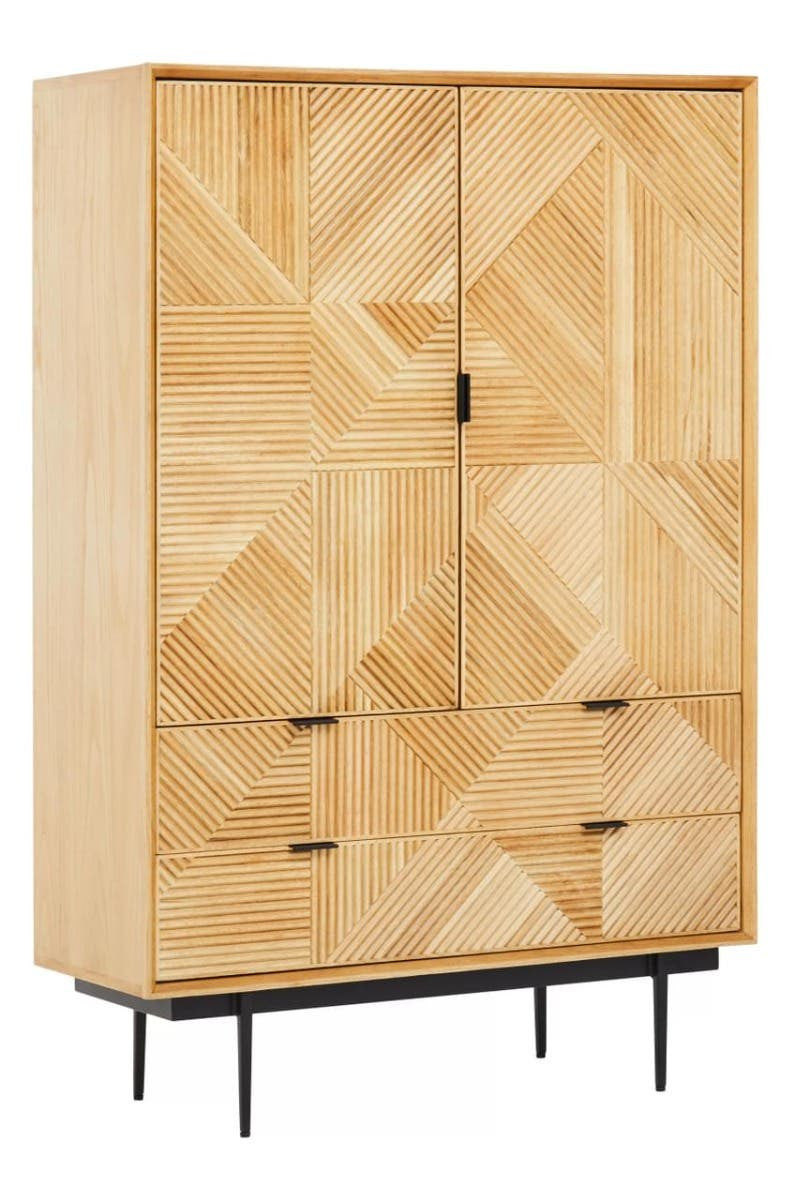 Natural finish cabinet featuring a geometric pattern on the front, two doors with a central handle, and two drawers at the bottom. The cabinet stands on slender black metal legs, providing a modern touch to the design