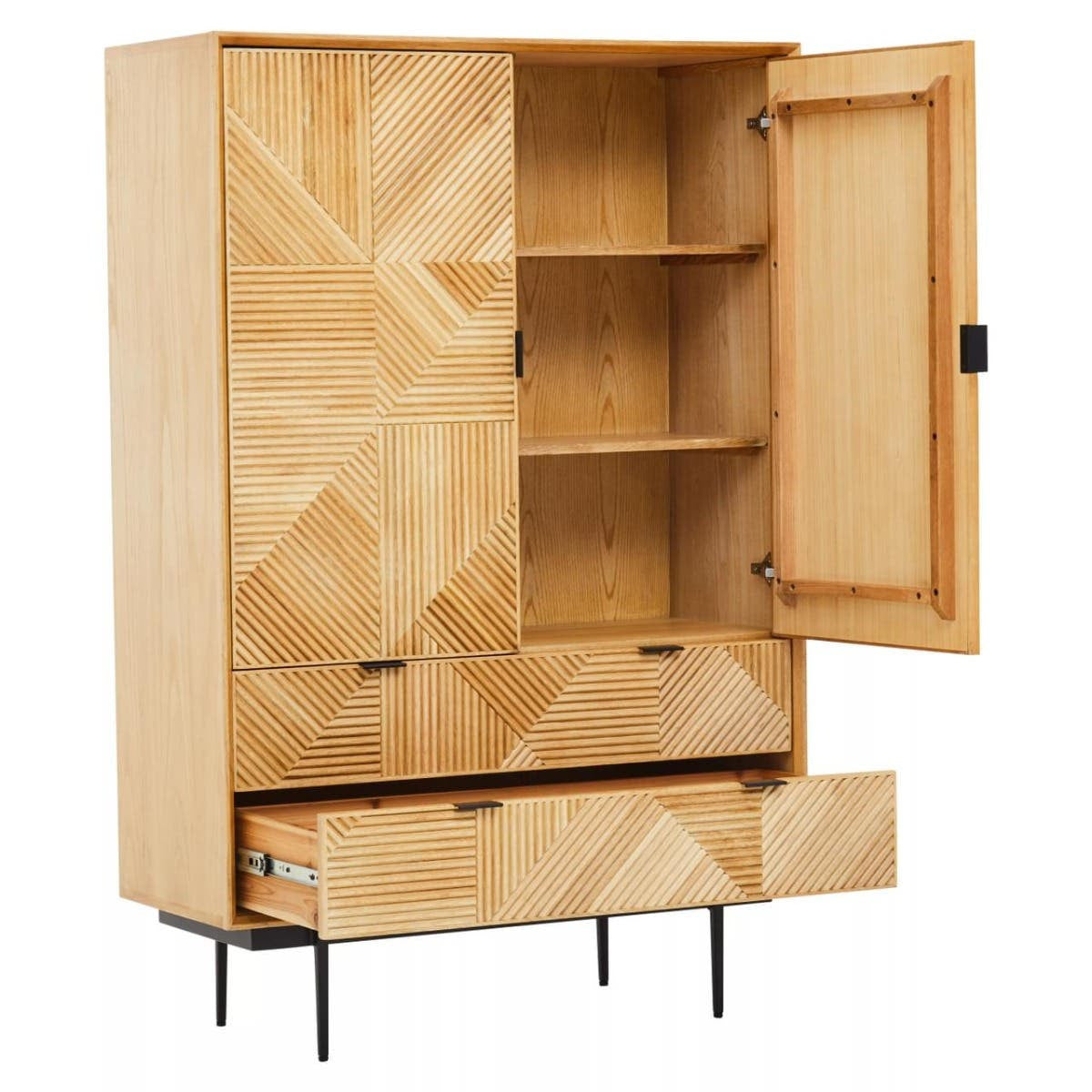 Natural finish cabinet featuring a geometric design on the front, with two open shelves and two drawers at the bottom. The cabinet has a single door that is slightly ajar, revealing the interior shelves. It stands on slender black legs, adding a modern touch to the overall design
