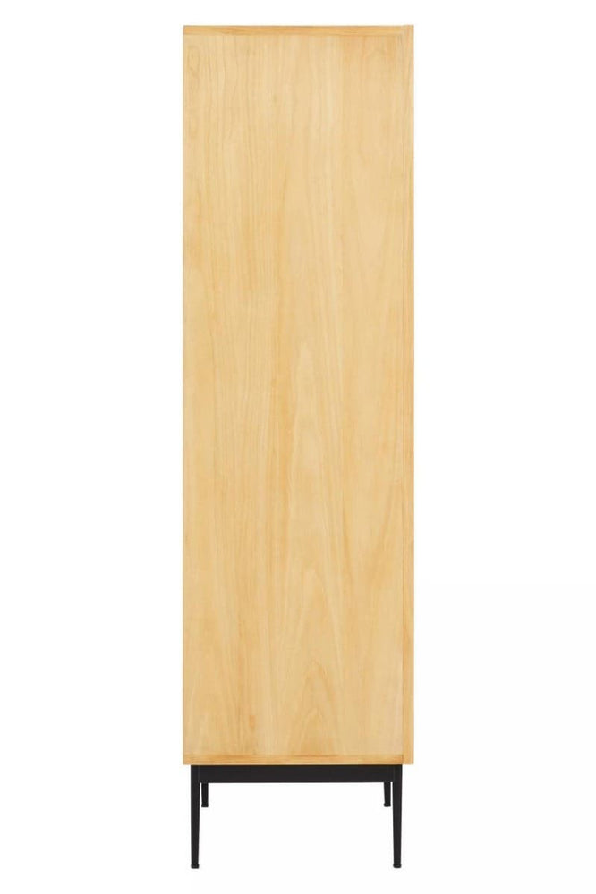 Tall cabinet with a natural wood finish, featuring a smooth surface and minimalist design. The cabinet has a sleek black metal base and no visible handles, emphasizing its modern aesthetic