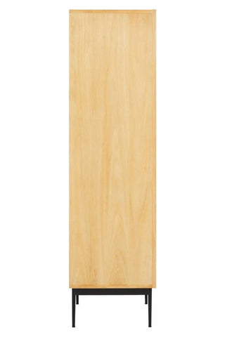 Tall cabinet with a natural wood finish, featuring a smooth surface and minimalist design. The cabinet has a sleek black metal base and no visible handles, emphasizing its modern aesthetic