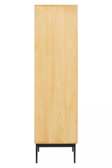 Tall cabinet with a natural wood finish, featuring a smooth surface and minimalist design. The cabinet has a sleek black metal base and no visible handles, emphasizing its modern aesthetic