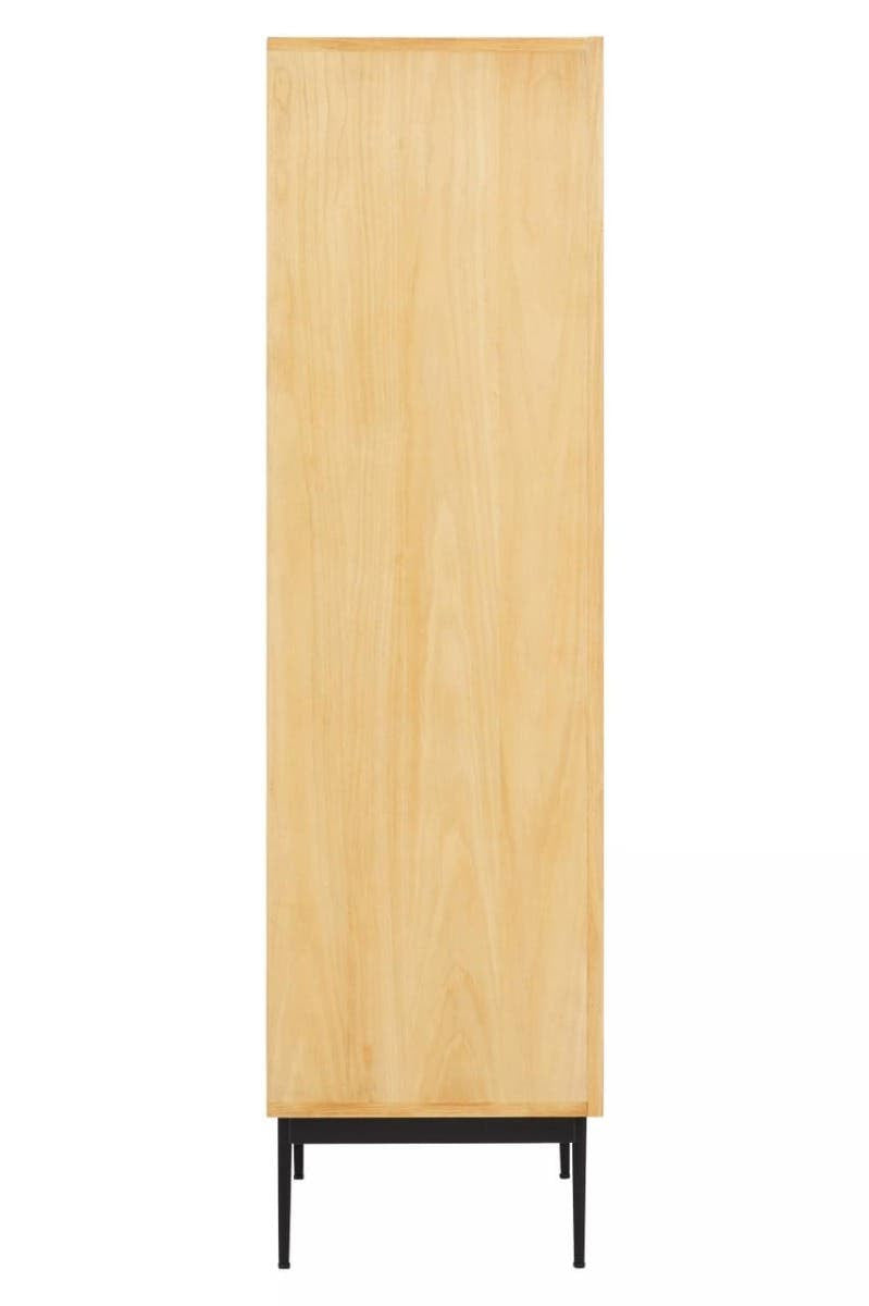 Tall cabinet with a natural wood finish, featuring a smooth surface and minimalist design. The cabinet has a sleek black metal base and no visible handles, emphasizing its modern aesthetic