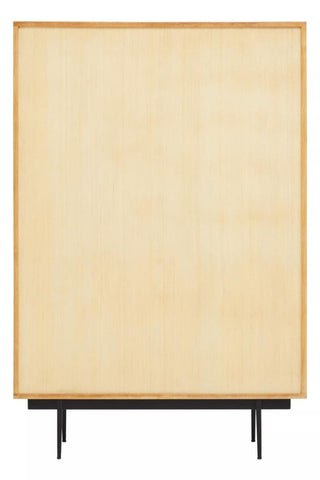 Natural finish cabinet featuring a smooth, light-colored wood surface with a minimalist design. The cabinet has two drawers at the bottom, supported by sleek black legs, creating a modern aesthetic suitable for various home decor styles