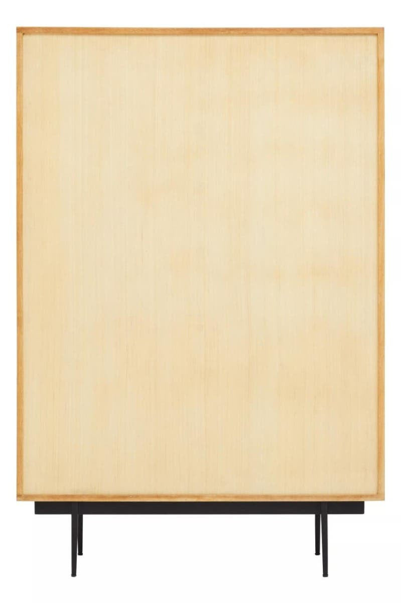 Natural finish cabinet featuring a smooth, light-colored wood surface with a minimalist design. The cabinet has two drawers at the bottom, supported by sleek black legs, creating a modern aesthetic suitable for various home decor styles