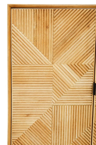 Natural wood cabinet featuring a geometric pattern on the front, showcasing a light, warm finish. The cabinet includes two drawers with simple, modern handles, emphasizing a minimalist design