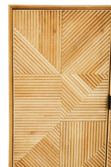 Natural wood cabinet featuring a geometric pattern on the front, showcasing a light, warm finish. The cabinet includes two drawers with simple, modern handles, emphasizing a minimalist design