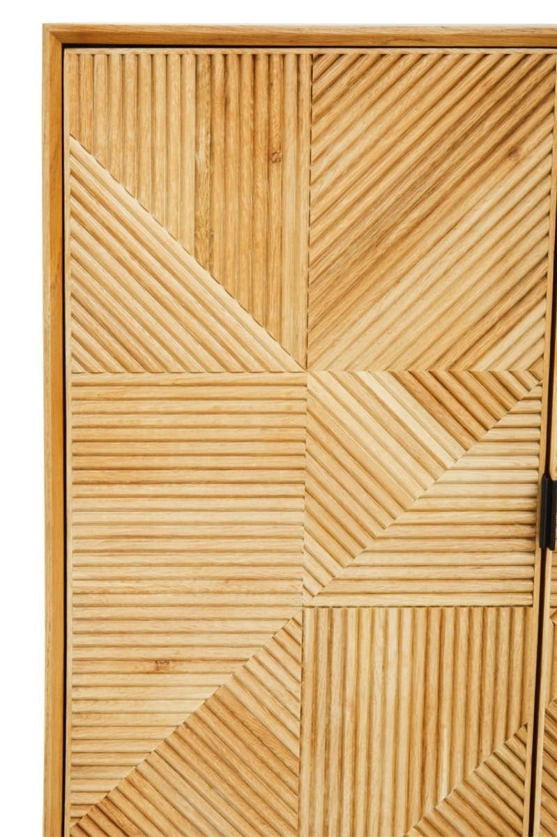 Natural wood cabinet featuring a geometric pattern on the front, showcasing a light, warm finish. The cabinet includes two drawers with simple, modern handles, emphasizing a minimalist design