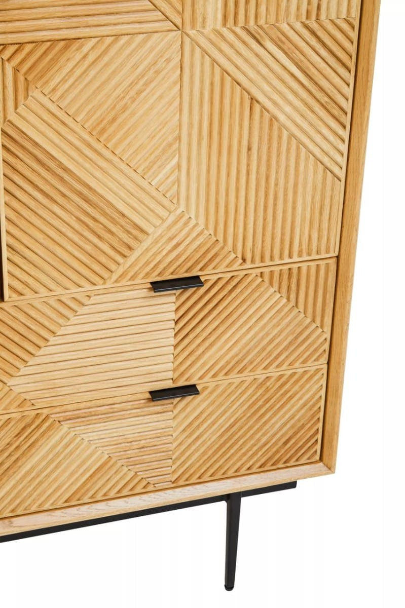 Natural finish cabinet featuring a geometric pattern on the front, two drawers with sleek black handles, and slender black legs for support