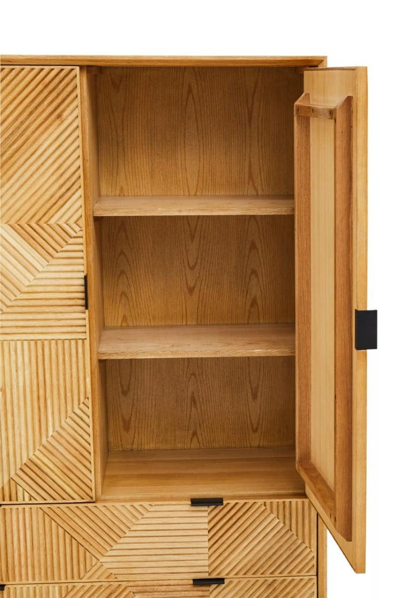 Natural wood cabinet featuring a light finish, with two open shelves inside and a single door on the left side. The cabinet also has two drawers at the bottom, showcasing a simple and modern design