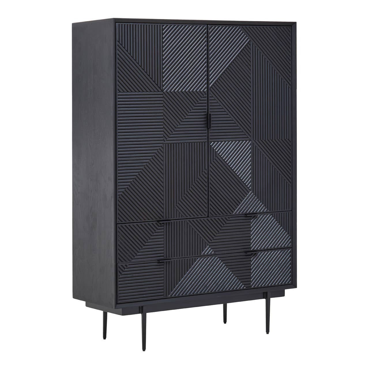 Tall cabinet with a black finish featuring intricate carved geometric patterns on the doors. The cabinet has two doors and two drawers, all with sleek black handles, and stands on slender, tapered legs