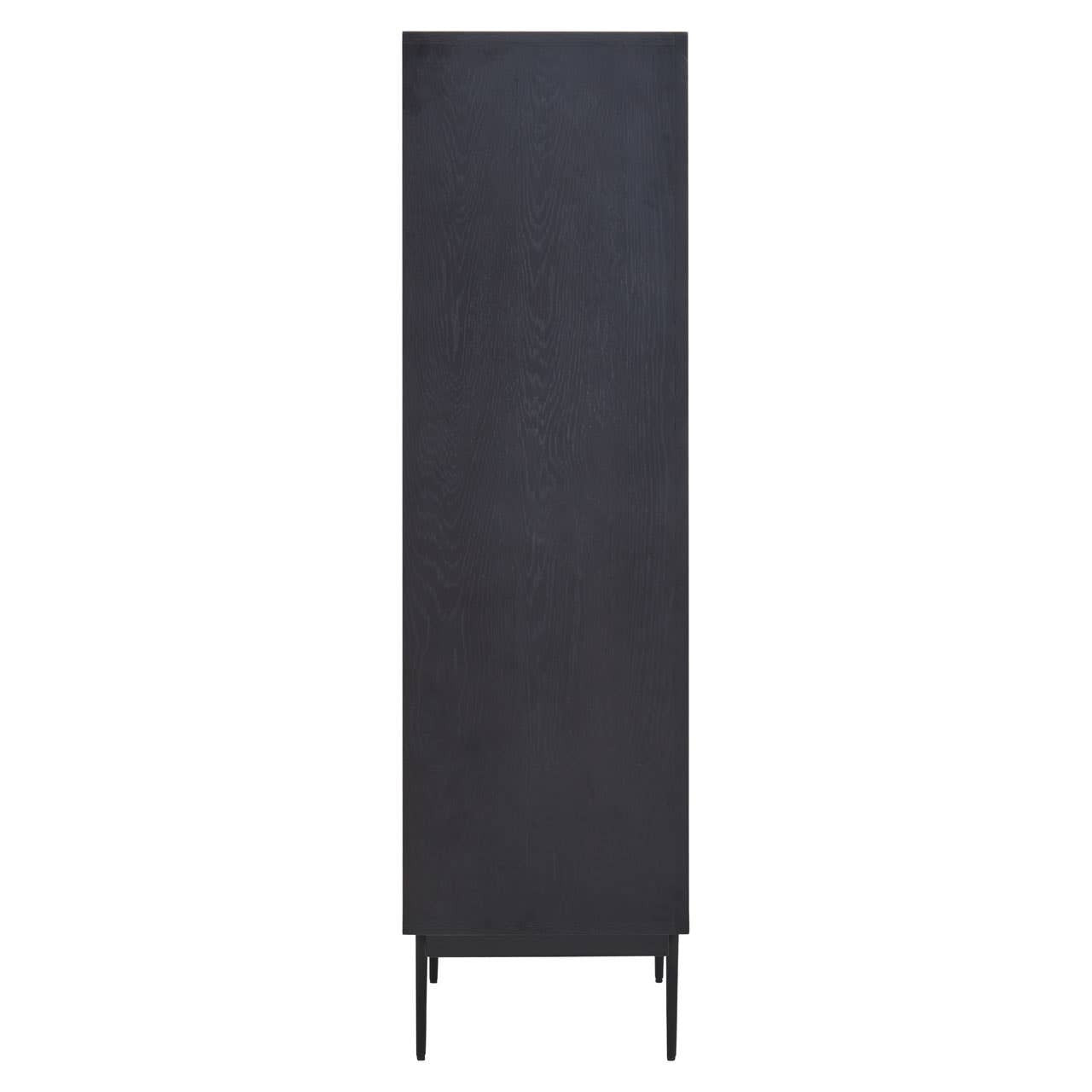 Tall cabinet with a sleek black finish, featuring carved detailing on the front and slender legs for support. The design is minimalist and modern, suitable for various home decor styles