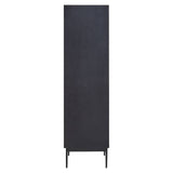 Tall cabinet with a sleek black finish, featuring carved detailing on the front and slender legs for support. The design is minimalist and modern, suitable for various home decor styles