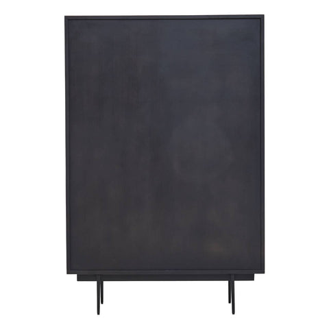 A tall cabinet with a sleek black finish, featuring a smooth surface and carved detailing. The cabinet stands on slender legs, providing a modern and elegant look suitable for home decor