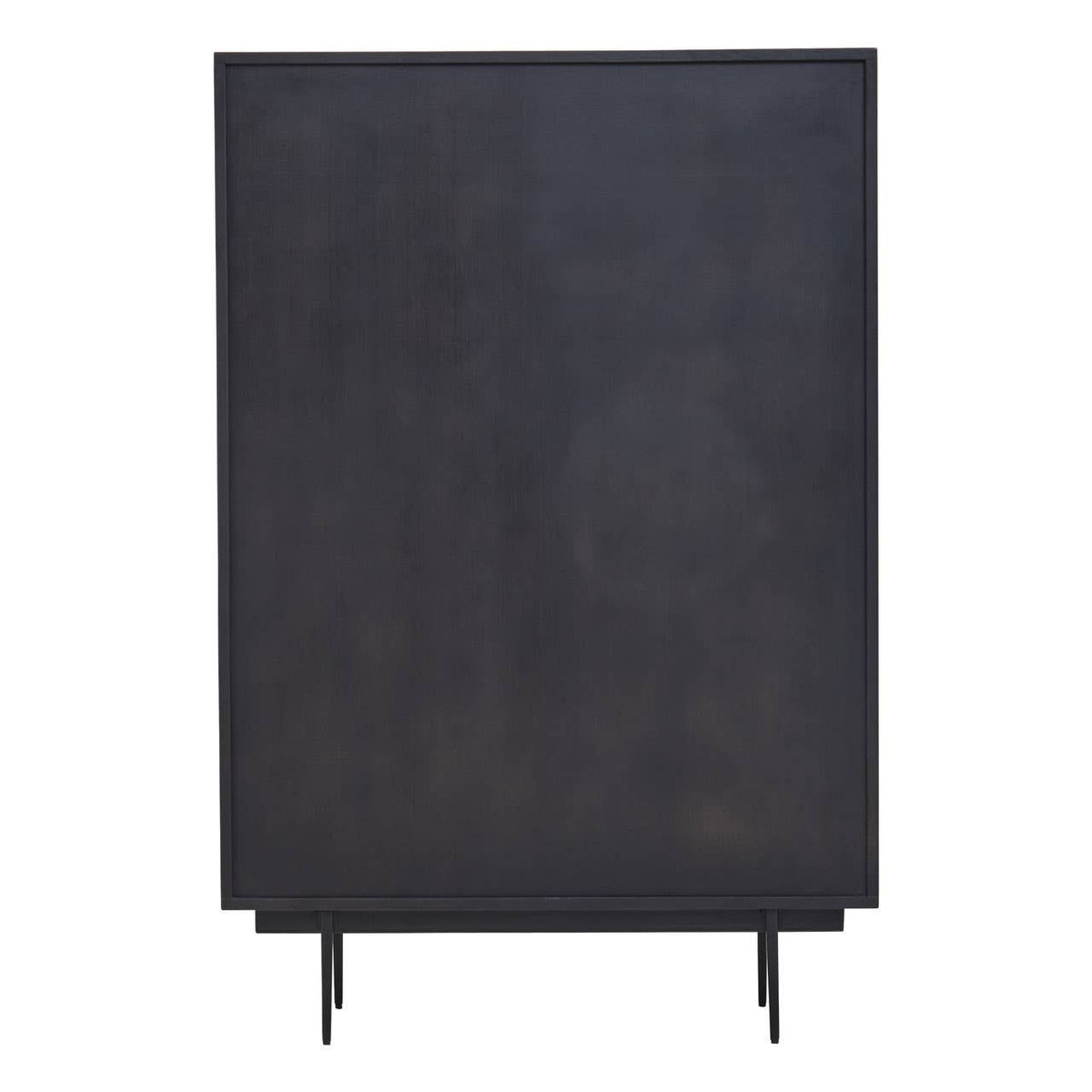 A tall cabinet with a sleek black finish, featuring a smooth surface and carved detailing. The cabinet stands on slender legs, providing a modern and elegant look suitable for home decor