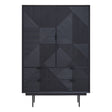 Tall cabinet with a black finish featuring a geometric carved design on the front. The cabinet has two doors and three drawers, all with a textured pattern. It stands on four slender legs, giving it a modern look suitable for home decor