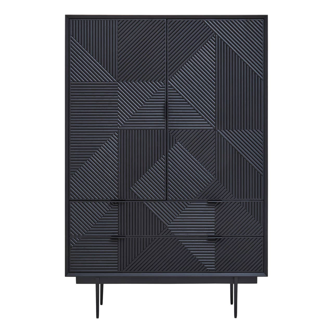 Tall cabinet with a black finish featuring a geometric carved design on the front. The cabinet has two doors and three drawers, all with a textured pattern. It stands on four slender legs, giving it a modern look suitable for home decor