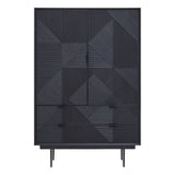 Tall cabinet with a black finish featuring a geometric carved design on the front. The cabinet has two doors and three drawers, all with a textured pattern. It stands on four slender legs, giving it a modern look suitable for home decor