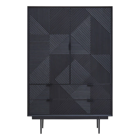Tall cabinet with a black finish featuring a geometric carved design on the front. The cabinet has two doors and three drawers, all with a textured pattern. It stands on four slender legs, giving it a modern look suitable for home decor