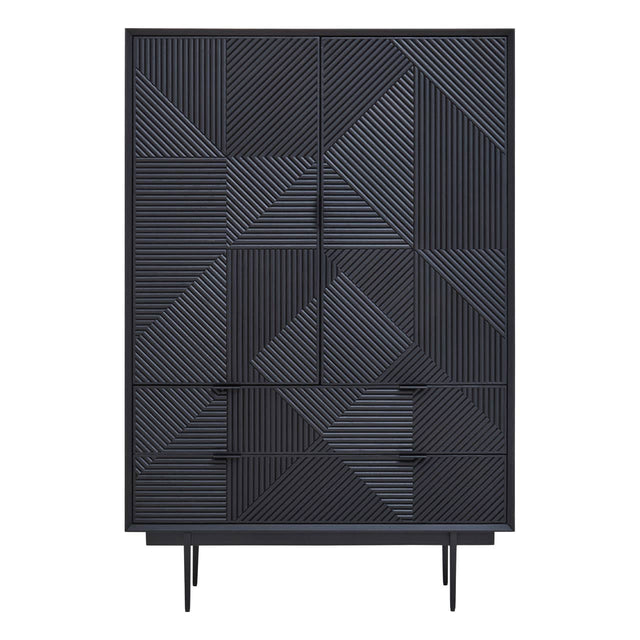 Tall cabinet with a black finish featuring a geometric carved design on the front. The cabinet has two doors and three drawers, all with a textured pattern. It stands on four slender legs, giving it a modern look suitable for home decor
