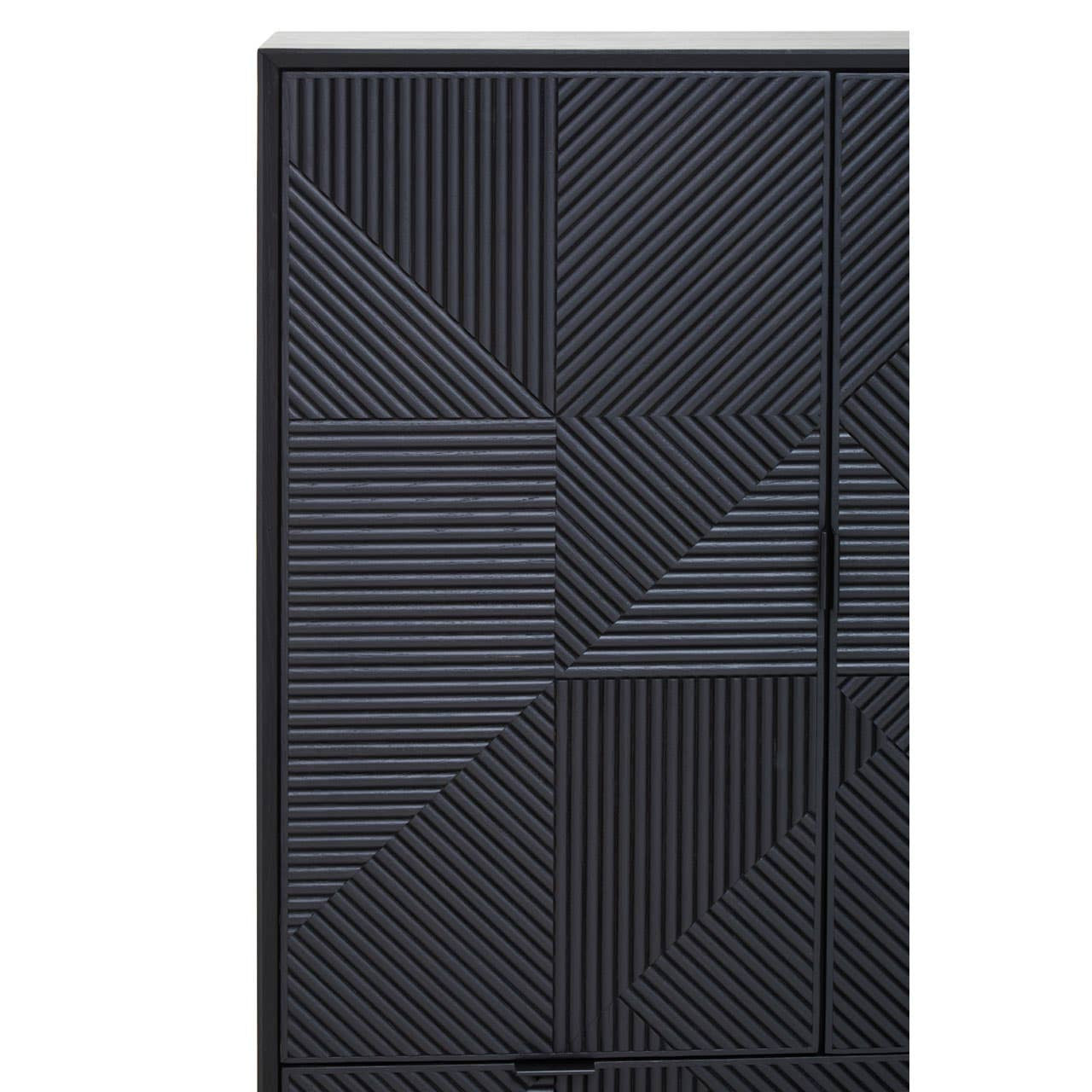 A tall cabinet with a sleek black finish featuring a carved geometric design on the front. The cabinet has a single door with a minimalist handle, providing a modern and stylish look suitable for home decor