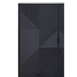 A tall cabinet with a sleek black finish featuring a carved geometric design on the front. The cabinet has a single door with a minimalist handle, providing a modern and stylish look suitable for home decor